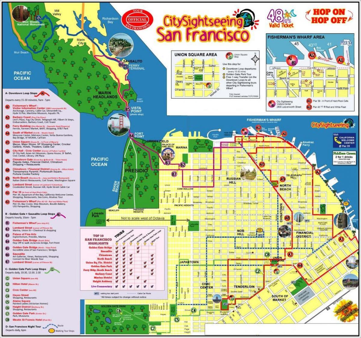 San Francisco hop on hop off bussiekskursioon kaart