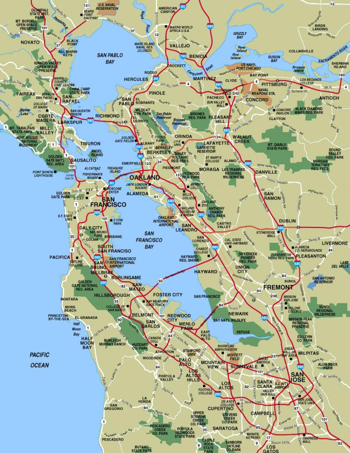 kaart, linnade ümber San Francisco