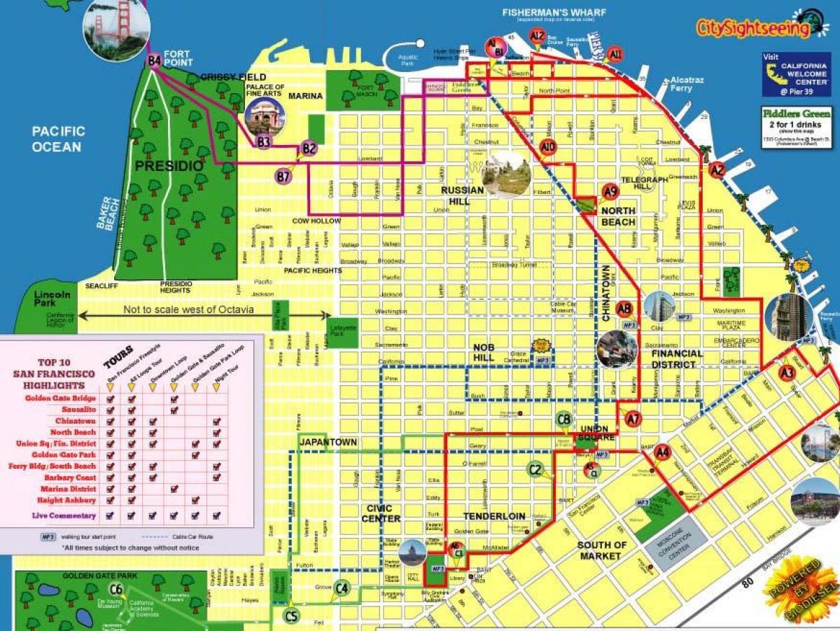 Kaart linna vaatamisväärsusi San Francisco marsruut