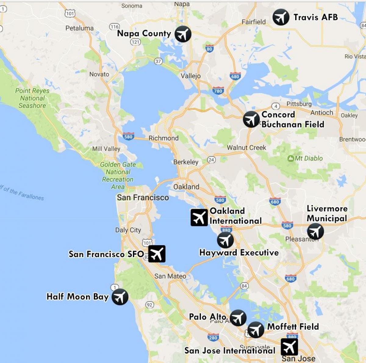 lennujaamad lähedal San Francisco kaarti